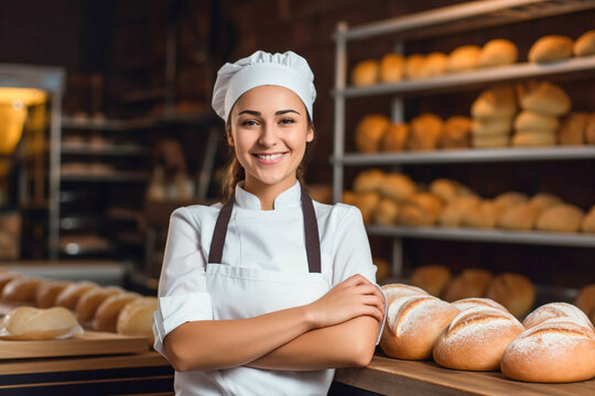 Young female baker standing at workplace on baking manufacture.