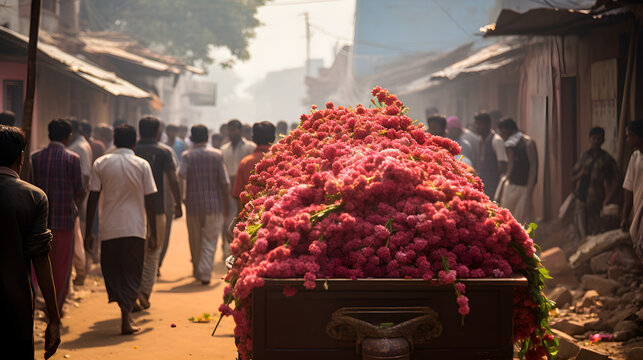 funeral ceremony in India with a lot of people and coffin with flowers
