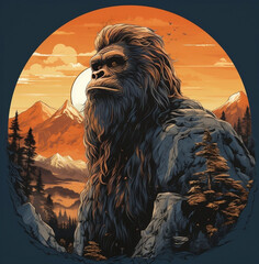 retro bigfoot out in nature with sunset / sunrise. - obrazy, fototapety, plakaty