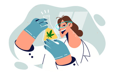 Woman holds flask of cannabis oil and smiles, conducting laboratory research on medical properties