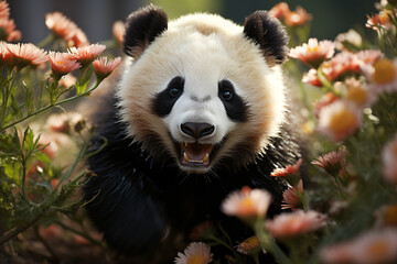 a panda walking in a flower field
