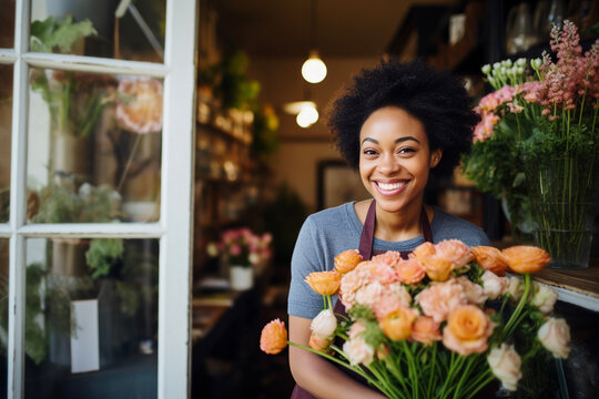 Happy young florist smiling while working in a florist shop. Young small business female owner standing in front of her flower shop. - Powered by Adobe