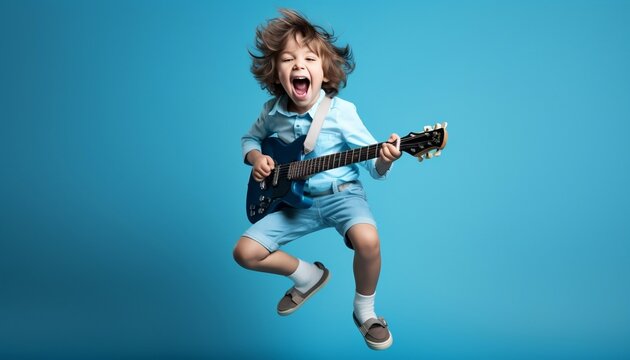 Exciting boy playing on a guitar on blue background 