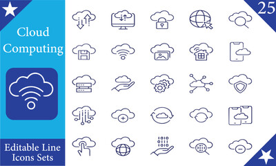 Set of line icons related to cloud computing, cloud services, server, cyber security, digital transformation. Outline icon collection. Editable stroke. Vector illustration