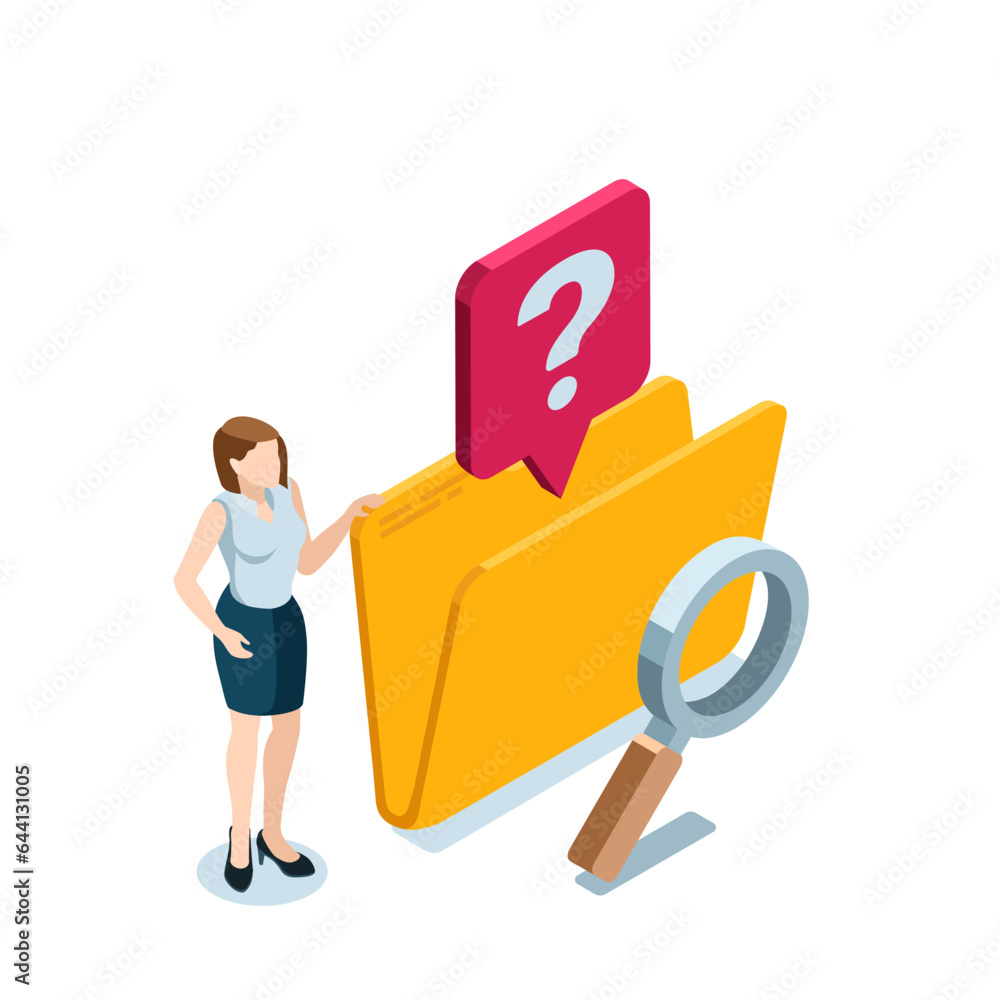 Poster isometric business woman near open empty folder in color on white background, magnifier and question