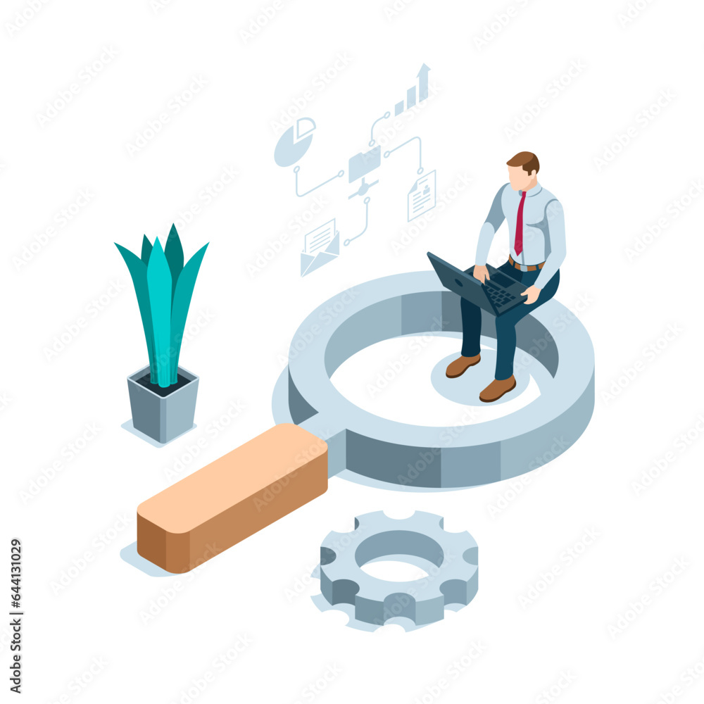 Poster isometric business man with a laptop sits on a magnifying glass in color on a white background, sear