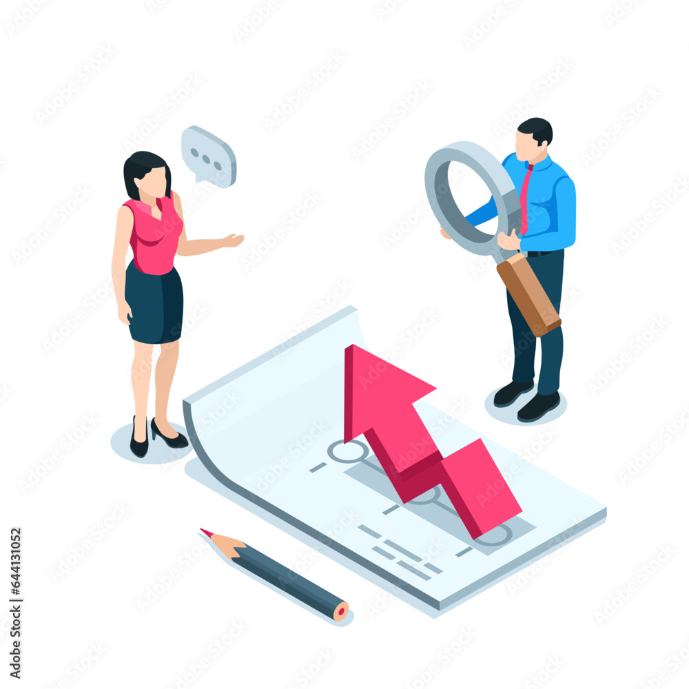 Poster isometric man with a magnifying glass and a woman stand near a sheet of paper with a chart and an ar