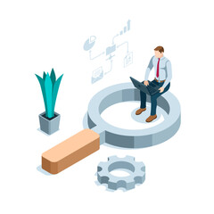 isometric business man with a laptop sits on a magnifying glass in color on a white background, searching and working with work data