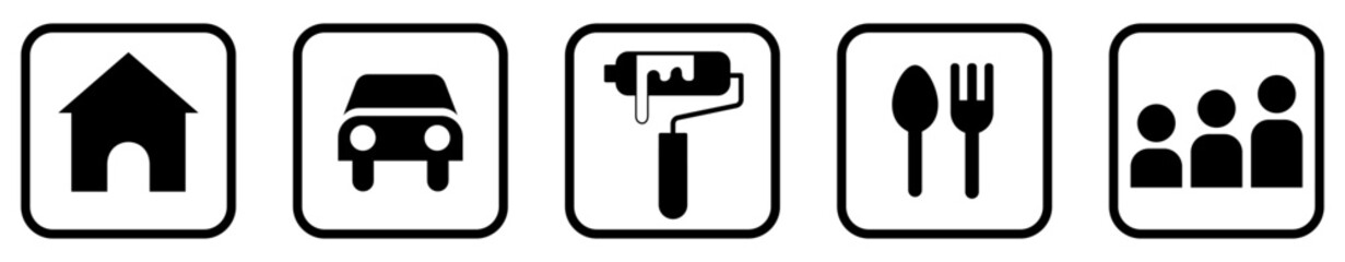 House, Car and food User Interface Icons. Black and White line art style, editable  file on transparent background vector stock illustration.
