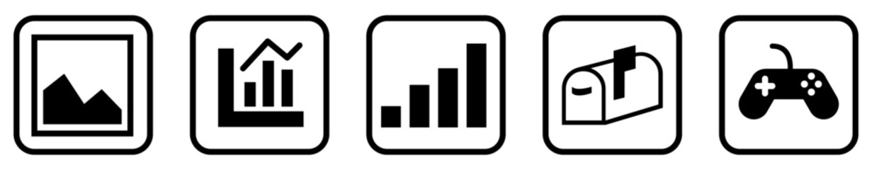Graph, mail and game pad User Interface Icons. Black and White line art style, editable  file on transparent background vector stock illustration.