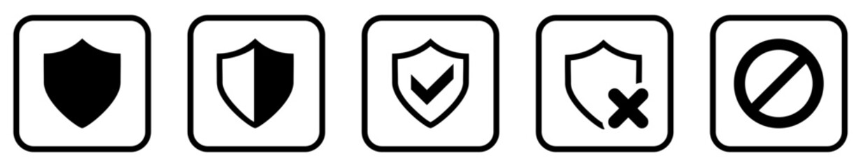 Shield, Guard, Virus protection program User Interface Icons. Black and White line art style, editable  file on transparent background vector stock illustration.