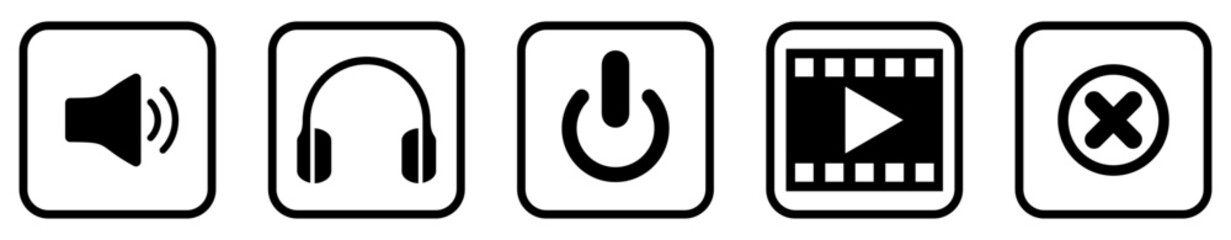 Headphone, speaker and power switch User Interface Icons. Editable Black and White line art style, editable  file on transparent background vector stock illustration.