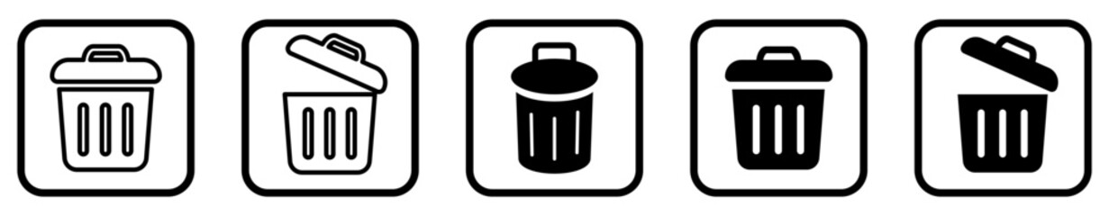 Trashcan User Interface Icons. Black and White line art style, editable  file on transparent background vector stock illustration.