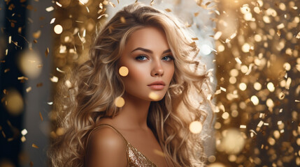 A blonde woman in a glamorous gold dress exudes luxury and style, making this image ideal for high-end fashion and product design.