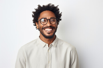 A joyful portrait of a Black man in glasses against a white backdrop. - obrazy, fototapety, plakaty