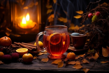 Picture of warming autumn drinks enjoyed during cold, rainy weather, embracing the hygge concept.