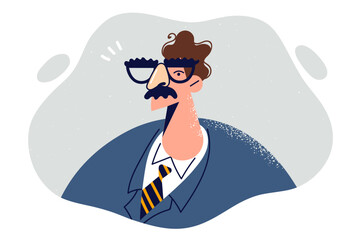 Funny mustachioed business man in glasses, dressed in formal suit and works as manager or supervisor