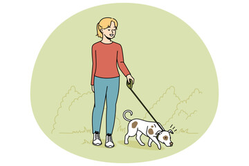 Girl walking dog on leash outdoors. Happy child with pet enjoying walk in park. Domestic animal and friendship. Vector illustration.