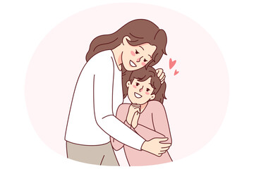 Happy mother hugging small daughter show love and care. Smiling young mom cuddle embrace little girl child. Motherhood and parenthood. Vector illustration.