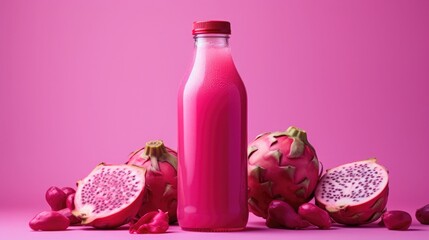 Obraz na płótnie Canvas Electrolyte drink with cold-pressed fresh dragon-fruit juice in a glass bottle against the background of a piece of ripe dragon-fruit, minimalist still life.