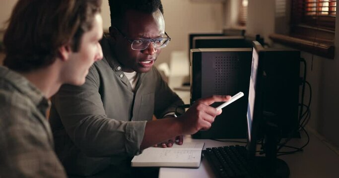 Young men, teamwork and computer for information technology, software development or collaboration on screen. Business people on desktop for IT tech startup, solution or online questions in workspace