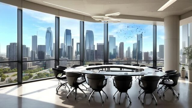 meeting room with windows view of city, seamless looping video background animation, cartoon style