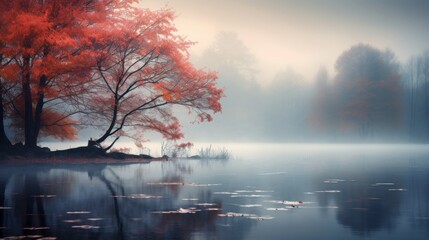 View beauty autumn foggy, landscape background