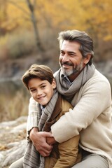 Fototapeta premium portrait of a happy father and son spending quality time together outdoors