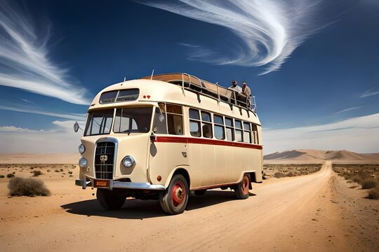 Generate images of old 1960 model Bedford bus with passanger on the roof travelling through the desert of Thal Doab Punjab Pakistan under bright sun light conditions 4k, 8k, 16k, full ultra hd, high r