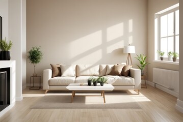 Light beige room interior, living room interior mockup, empty beige wall