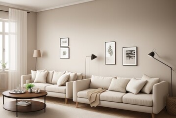 Light beige room interior, living room interior mockup, empty beige wall