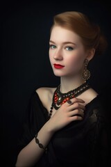 portrait of a young beauty dressed in a black gown and wearing costume jewelry