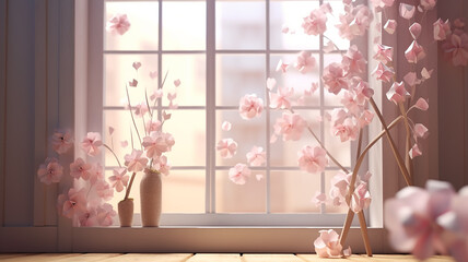 french window in pink tones pastel romantic apartment holiday decoration.