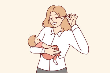 Business woman mother holds baby in arms and does makeup at same time, keeping balance between family and career. Successful woman holding newborn son and getting ready to go to work