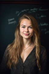 Fototapeta premium portrait of a young woman standing in front of a chalkboard with words on it