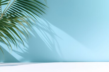 Fototapeta na wymiar blurred shadow from palm leaves on the light blue wall