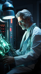 Fototapeta premium Advanced Medical Science Laboratory: Medical Scientist Working on Personal Computer with Screen Showing Virus Analysis Software User Interface. Scientists Developing Vaccine, Drugs and Antibiotics. 