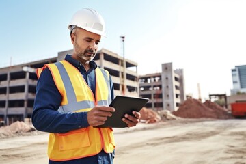 shot of a man using a digital tablet at his construction site