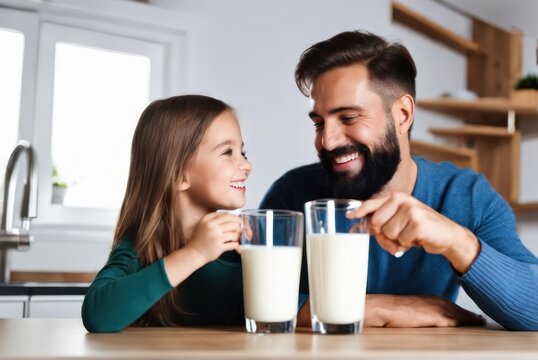 Happy positive Husband and Daughter drinking milk in den, holding glasses, keeping healthy hydration, diet, lifestyle, caring fo . Caring for family health, wellbeing