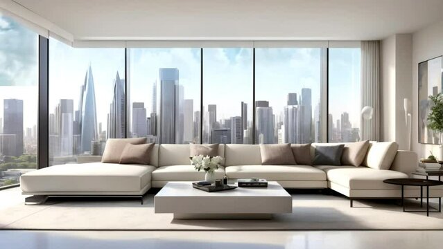 living room with windows view of city, seamless looping video background animation, cartoon style
