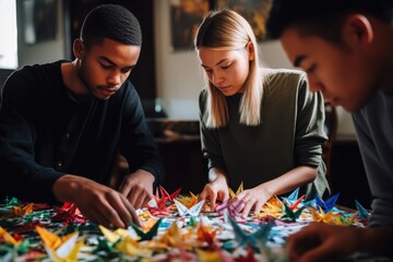 shot of a young man and woman making paper cranes during a cultural workshop