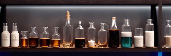 Close-up of a shelf with bottles in chemical laboratory. Various pills for medicine. Pharmaceutical concept of healthcare, pharma industry, medication and drugs production. Medical research Banner