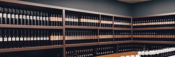 Collection of wines in the store of elite alcohol. Bottles of various wines are beautifully on the rack. Paint effect. Enoteca Banner