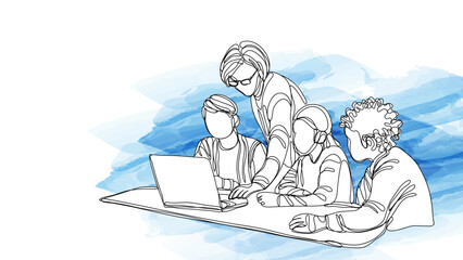 Teacher Guide Students Discussion One Continuous Line Style Illustration With Watercolor Background