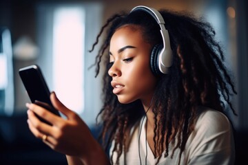shot of a young woman wearing headphones and using a smart phone at home