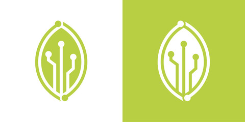 Green leaf technology logo design, eco friendly technology logo template