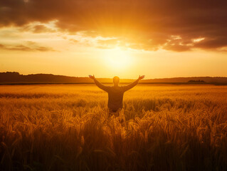 Young man standing in a field with arms up feeling the rays on the warm sunshine light. - obrazy, fototapety, plakaty