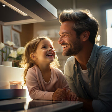 Happy daughter and father having fun at home. Smiling and laughing. Soft calm sunlight behind