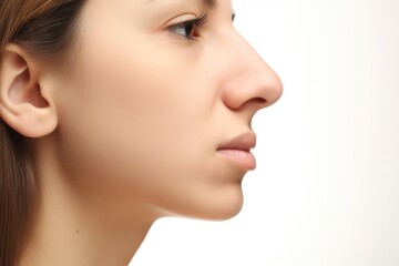 Fototapeta premium closeup studio shot of a woman with an exaggerated nose isolated on white