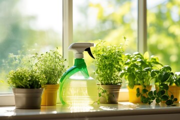 window sill with flowers in a pot and a spray bottle.